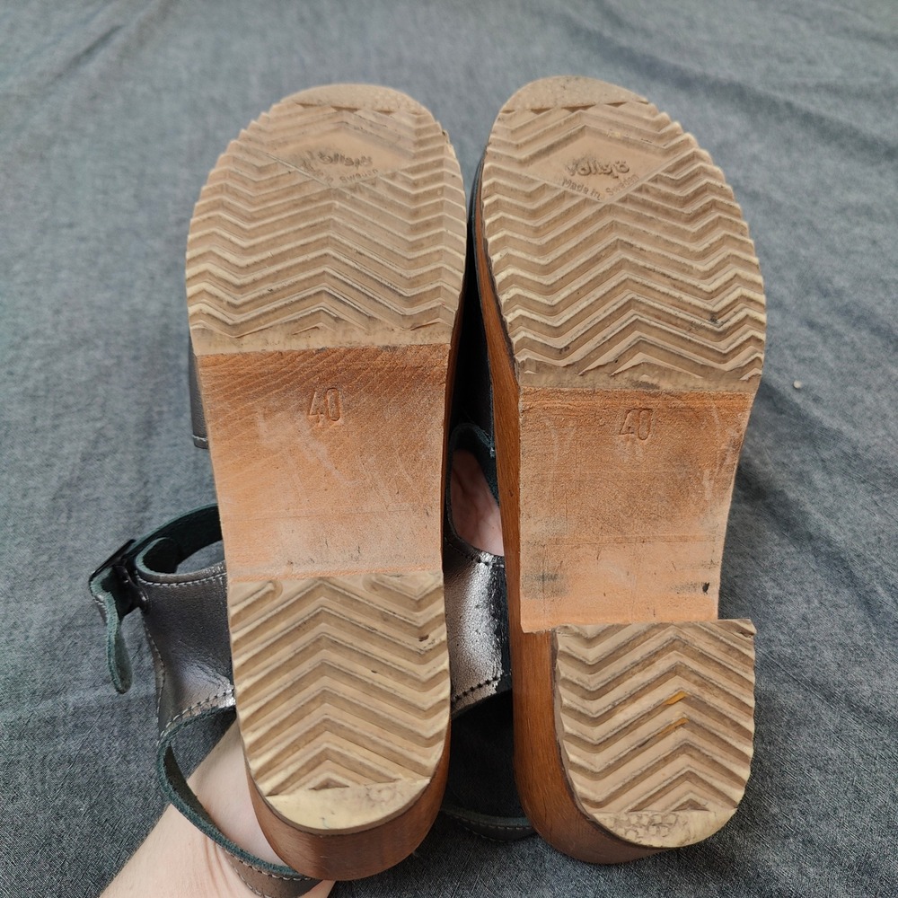 Vollsjo Clogs Womens 40 Pewter Metallic Leather‎ Wooden Ankle Strap Boho Retro - Picture 9 of 12